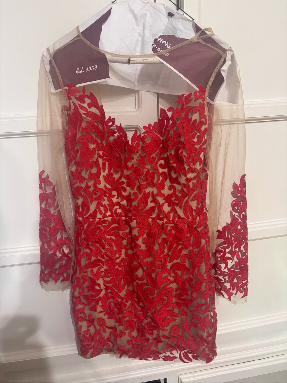 bebe Red Appliqué Illusion Long Sleeve Dress